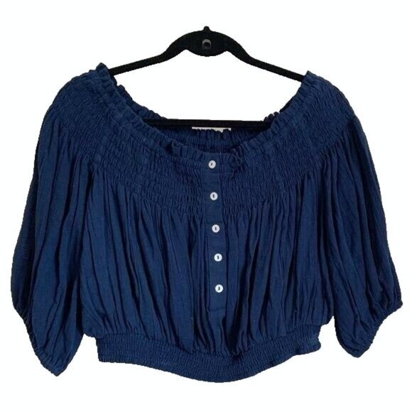 Free People We The Free Navy Smocked Peasant Top Sz XS Boho Cottagecore Festival - Picture 3 of 10